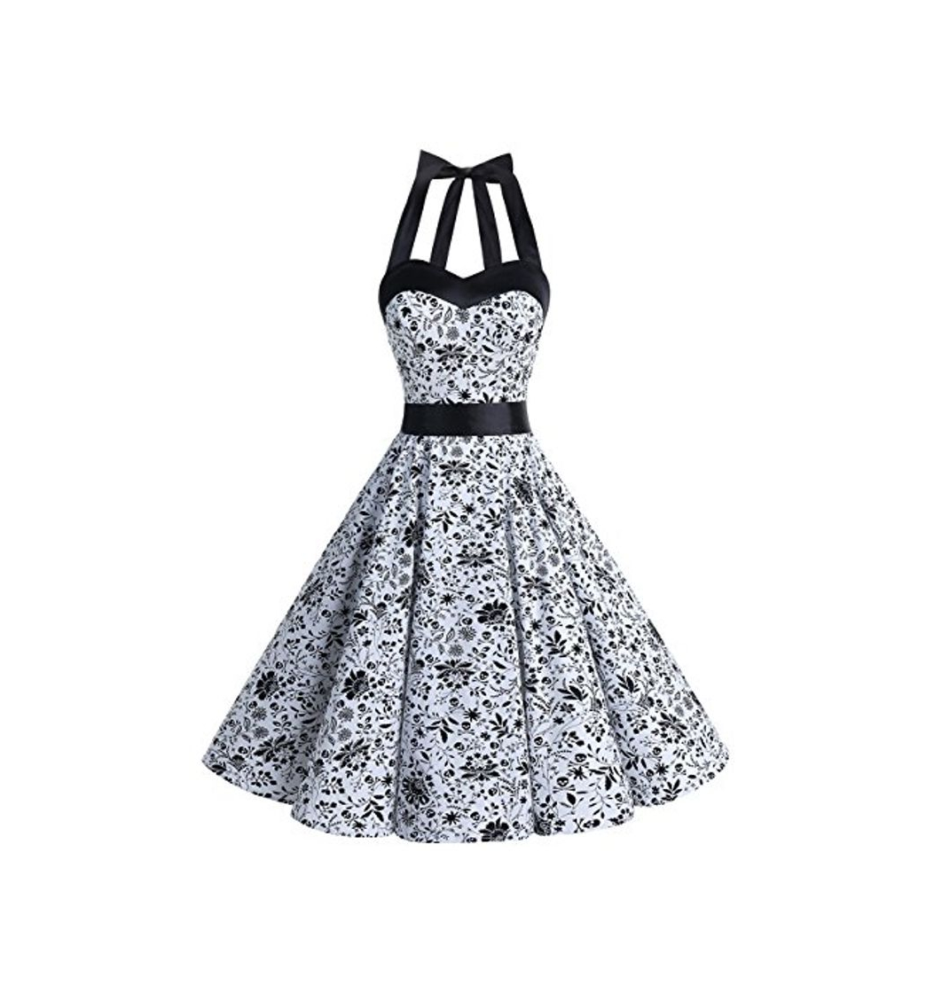 Fashion Dresstells® Halter 50s Rockabilly Polka Dots Audrey Dress Retro Cocktail Dress White Skull XL