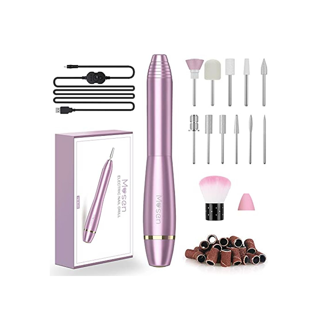 Belleza Mosen Torno para Uñas Lima Uñas Profesional Electric Nail Drill 20000 RPM con 11 Brocas de Perforación y 56 Anillos de Arenas Lima Electrica Uñas para Manicura y Pedicura Torno para Uñas Portatil Rosa