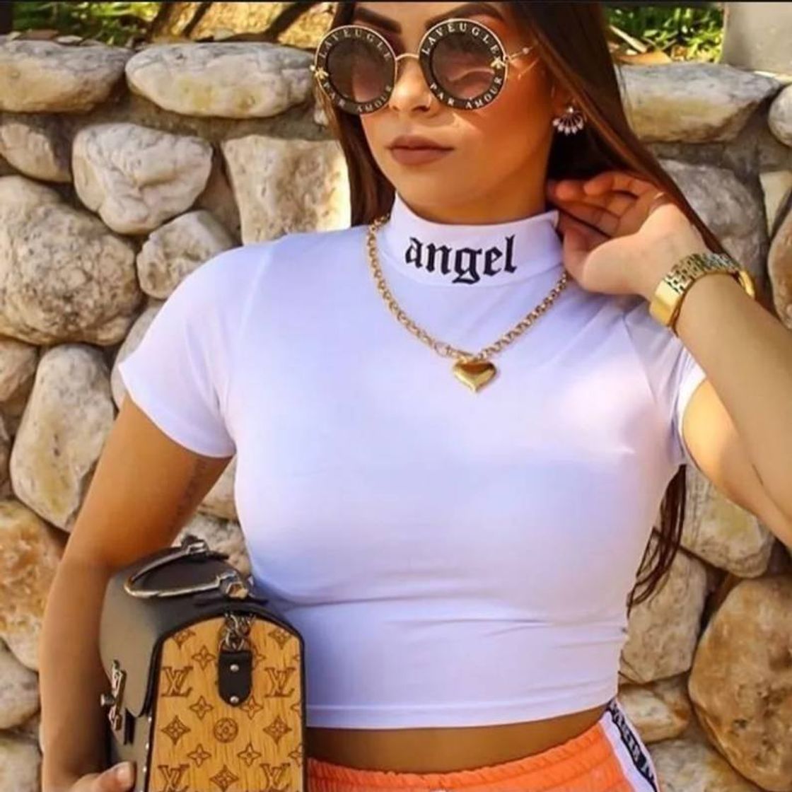 Fashion Blusa Cropped Feminino Gola Alta Angel Manga Curta

