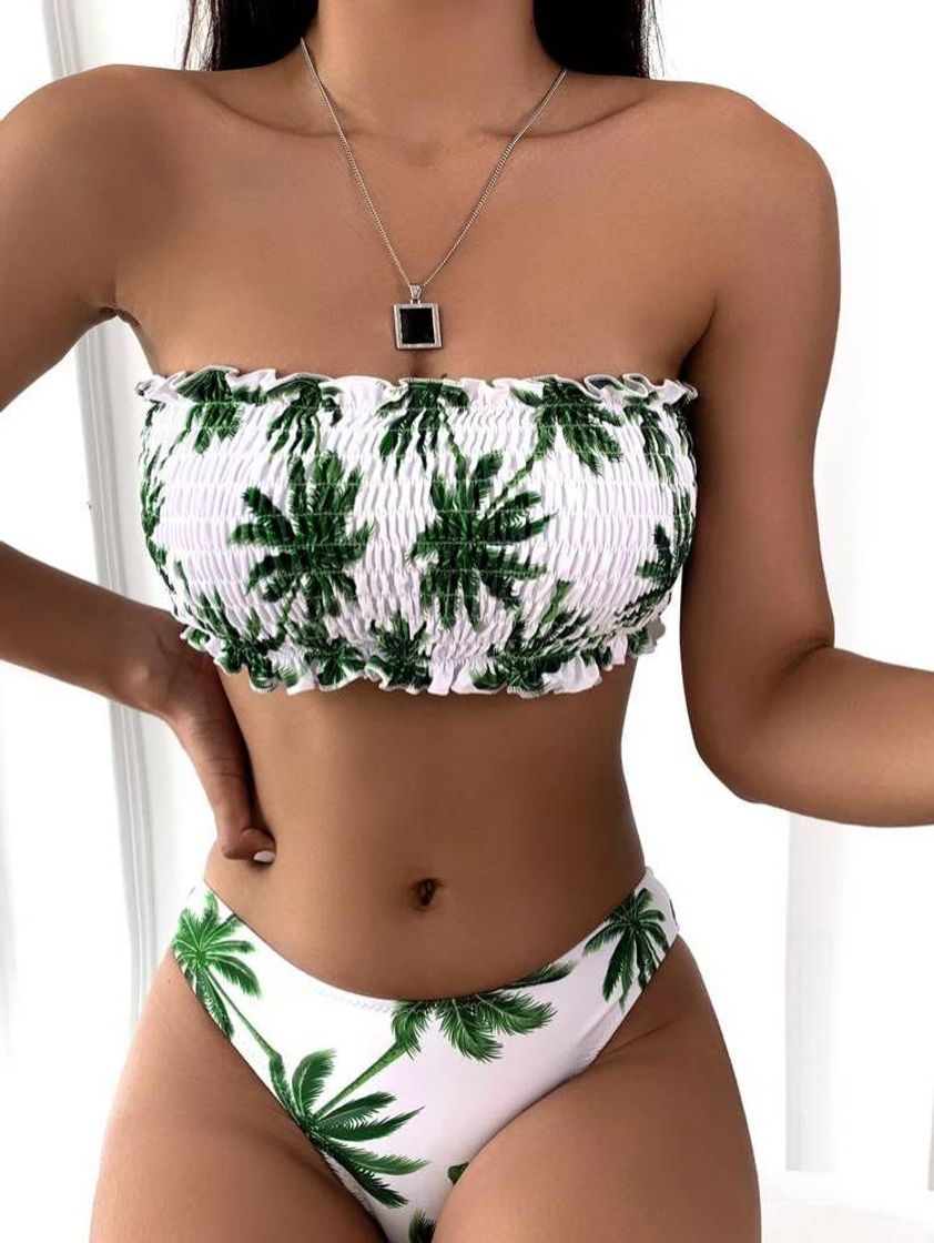 Fashion Palm Tree Smocked Frill Bandeau Bikini Swimsuit | SHEIN USA