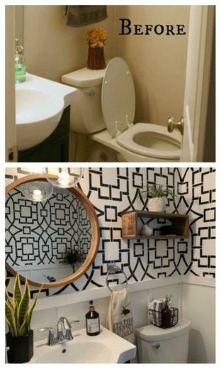 Antes e depois do banheiro com papel de parede