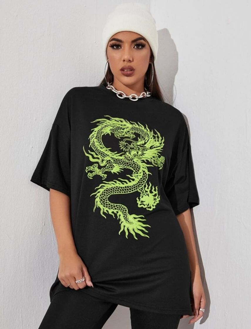 Fashion Camiseta preta de dragão 🐉