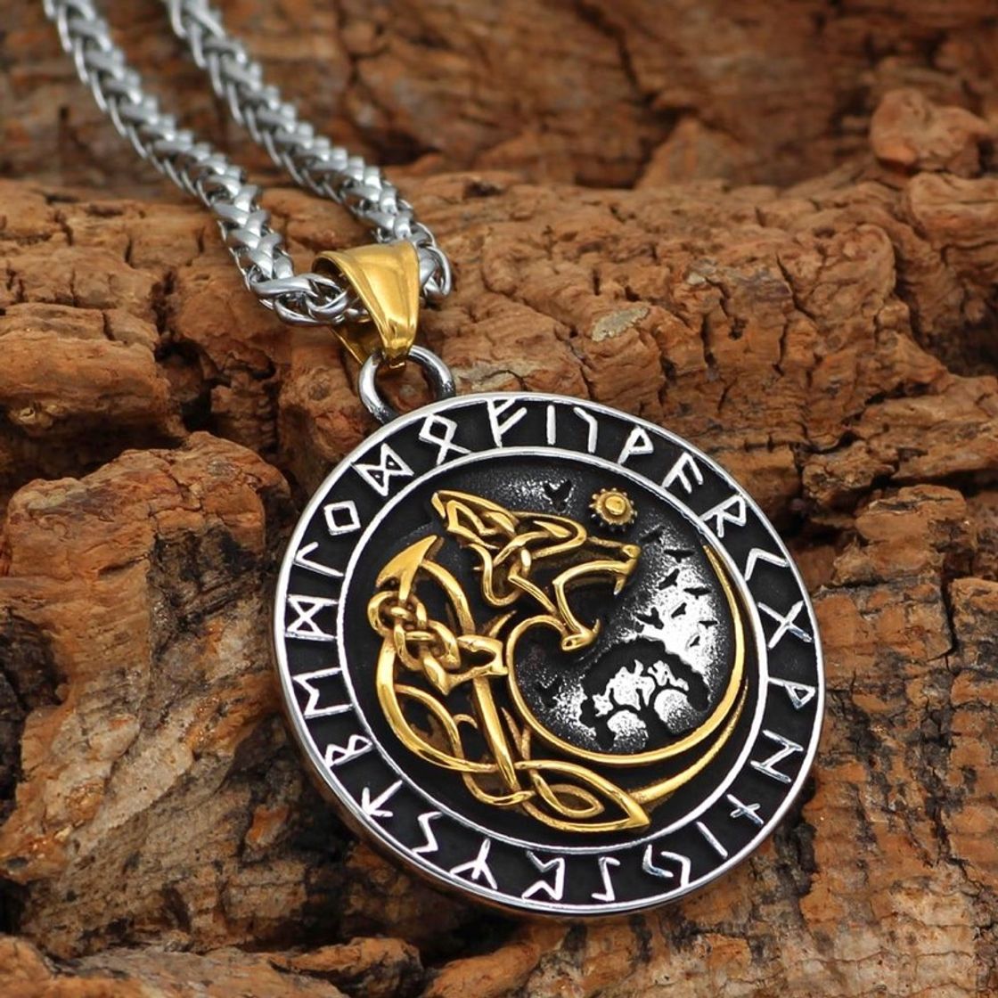 Product Gold Trimmed Fenrir Swallowing Sun Necklace