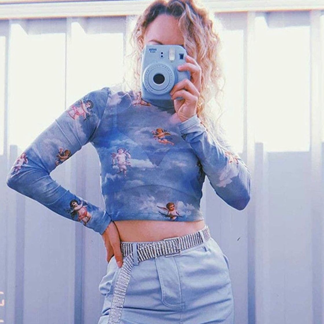 Social Loalirando Crop-Top Transparente Mujer Sexy de Manga Larga con ángeles Impresos Top