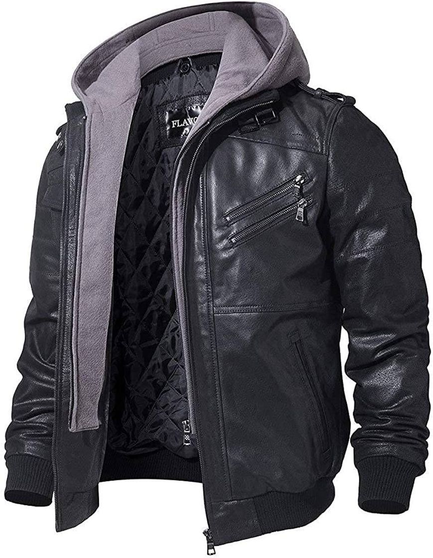 Social Jaqueta de couro genuíno masculino FLAVOR Capuz destacável

