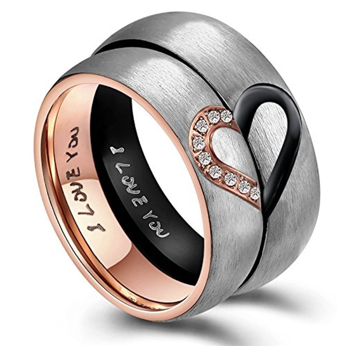 Social AnazoZ Anillo 1PCS Anillos de Parejas Acero Inixodable Anillo Corazón Grabado I Love You Anillo Negro Anillo de Hombre Tamaño 15