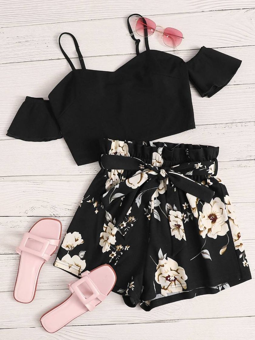 Fashion Conjuntinho Preto plissado floral