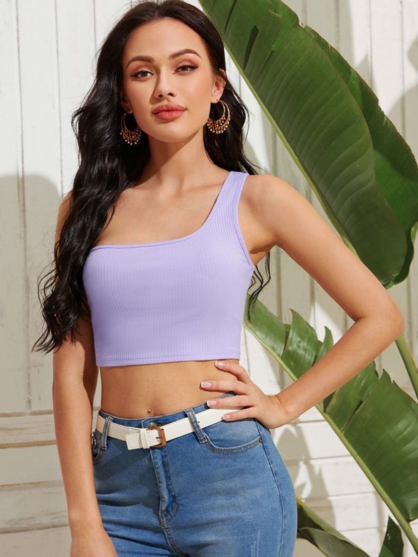 Moda One shoulder rib-knit crop tee