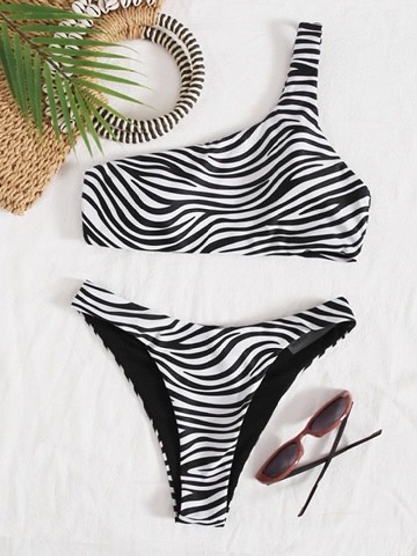 Moda Zebra stripe one shoulder bikini swimsuit 