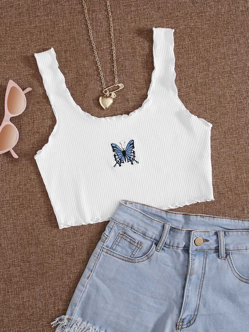 Moda Butterfly embroidery lettuce trim tank top 