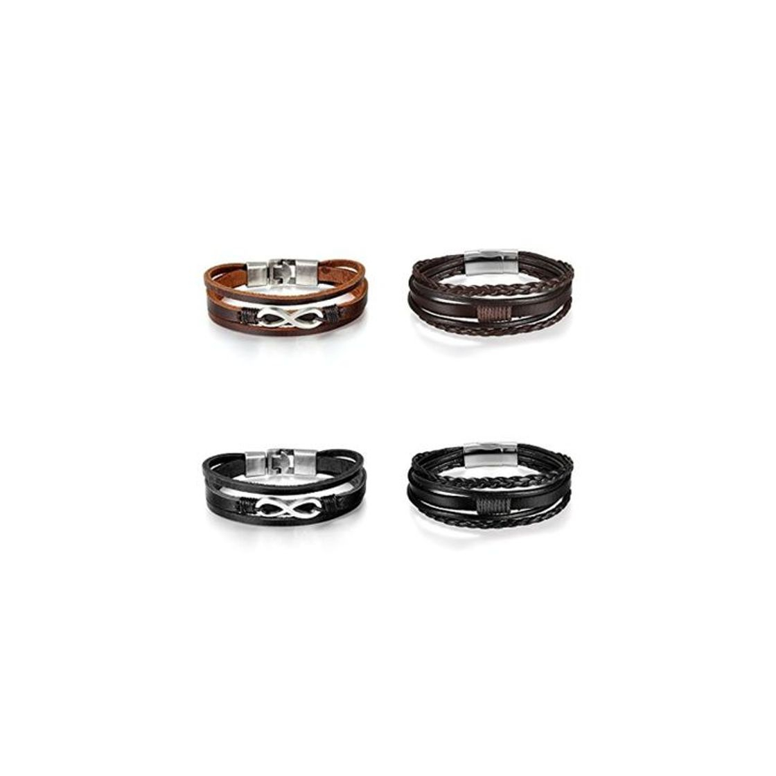 Moda Pulseras Cuero Juego de 4 Pcs Pulsera Infinito Acero Inoxidable Brazalete Trenzado