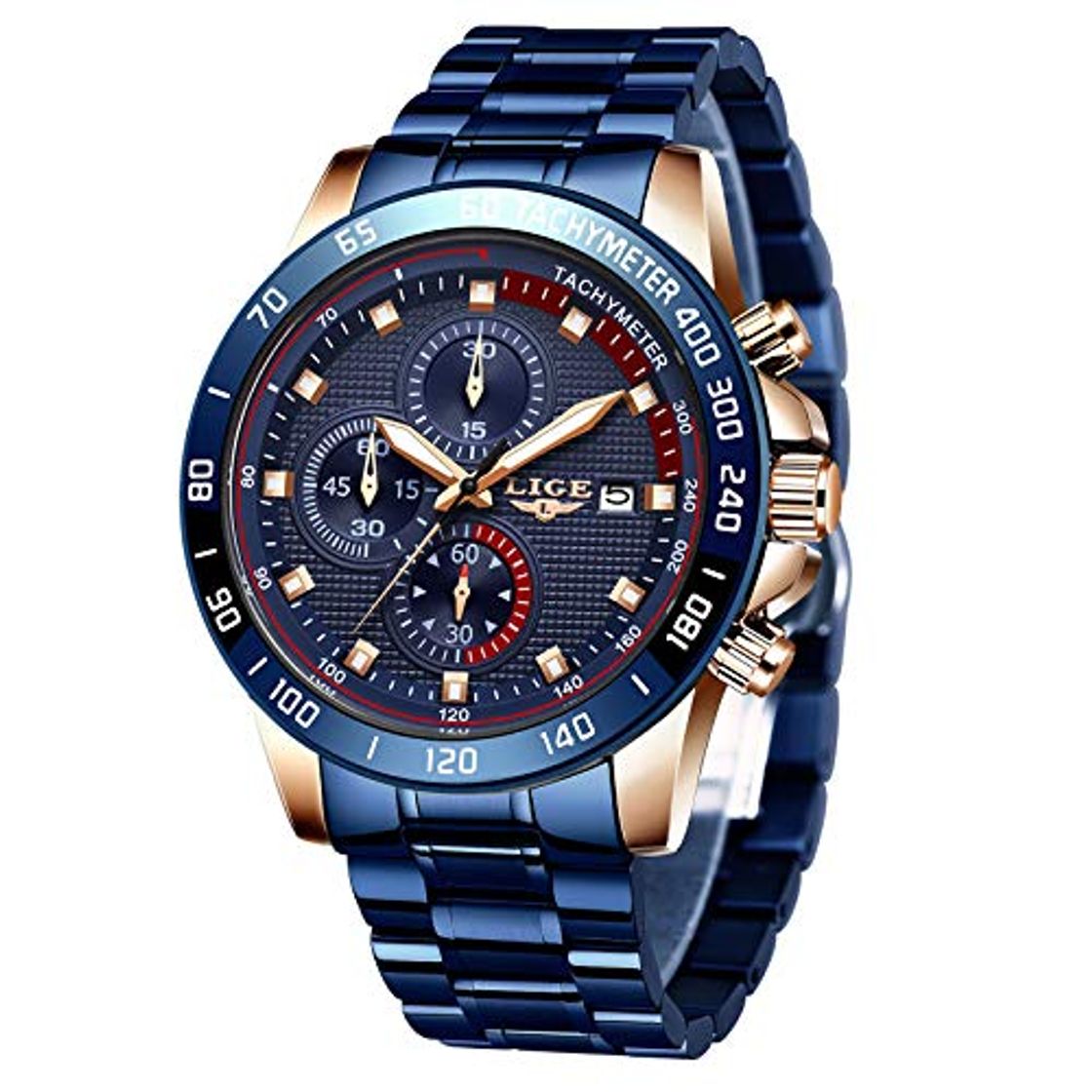 Moda LIGE Reloj para Hombre Cronógrafo Correa de Acero Inoxidable Impermeable Deportes Negocios Casual Caballero Reloj Azul