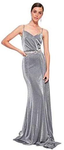 Women's Drape Detail Silver Long Evening Dress: Amazon.es ...