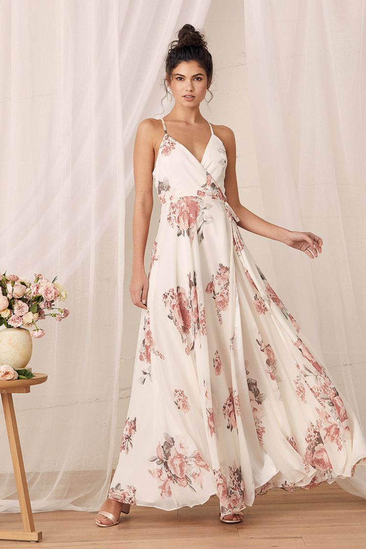 Social Lulus Elegantly Inclined Cream Floral Print Wrap Maxi Dress $100