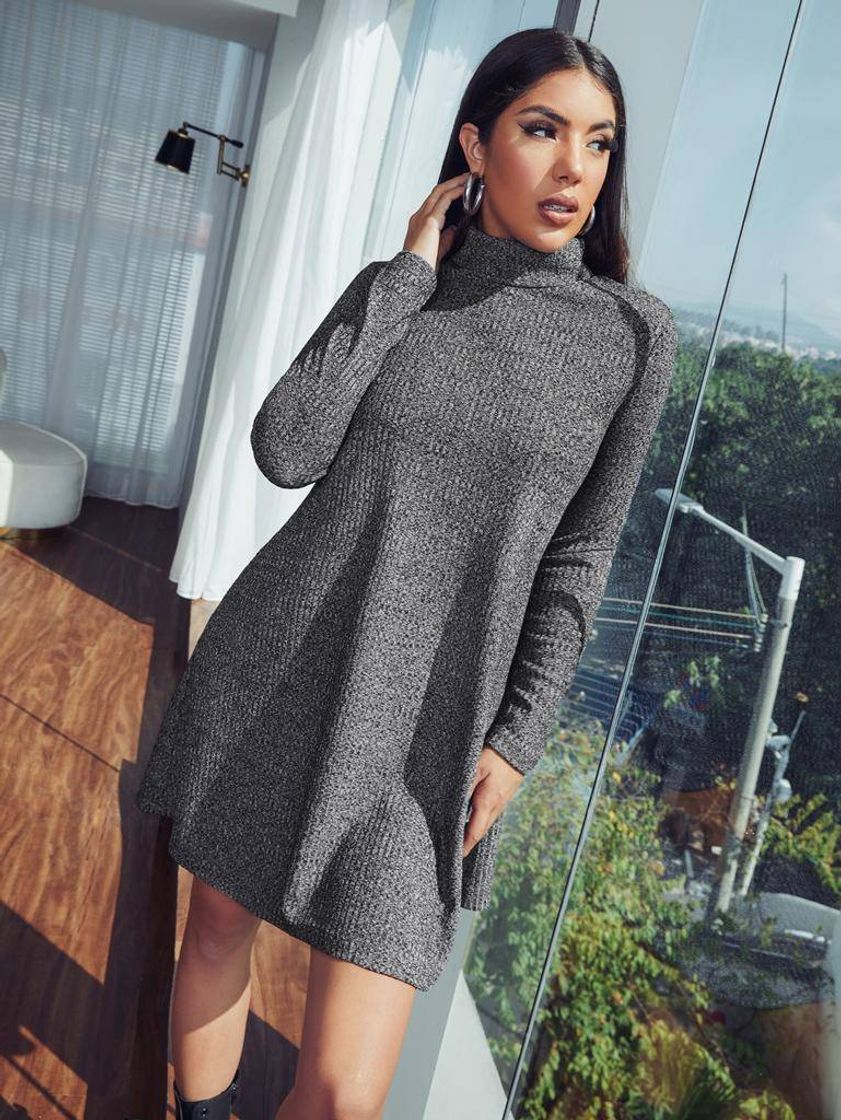 Fashion Rolled Neck Solid Tee Dress