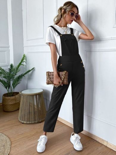 Button Detail Solid Overall Jumpsuit