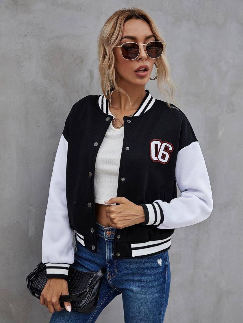 Fashion Number Patched Color Block Bomber Jacket