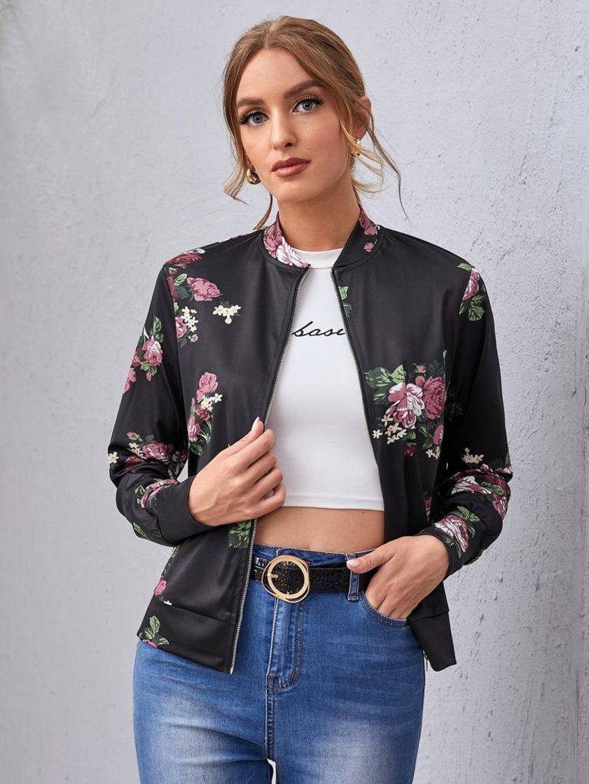 Moda Zip Up Floral Print Bomber Jacket