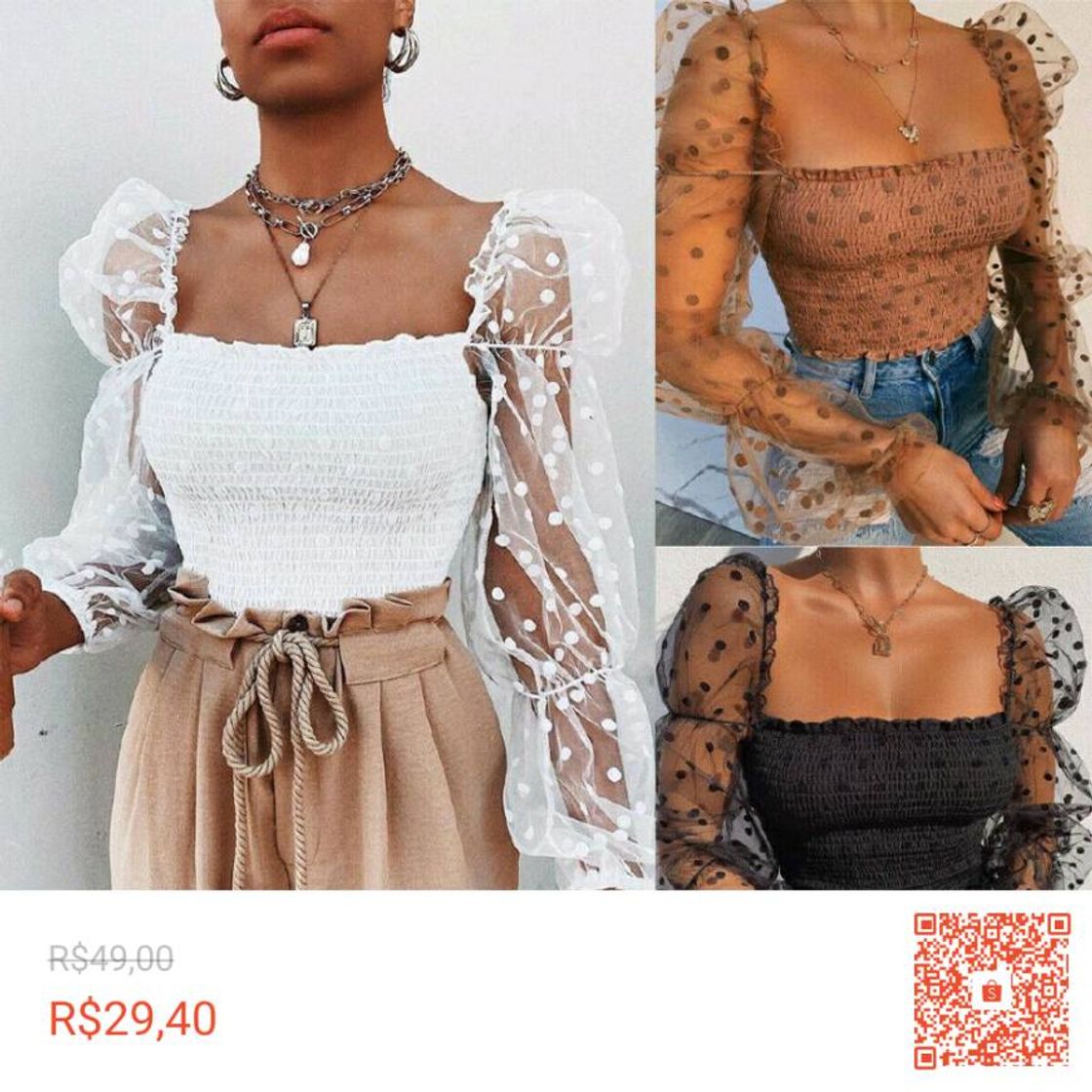 Moda Blusa de Gola em U com Manga Transparente Bufante de Bolinha