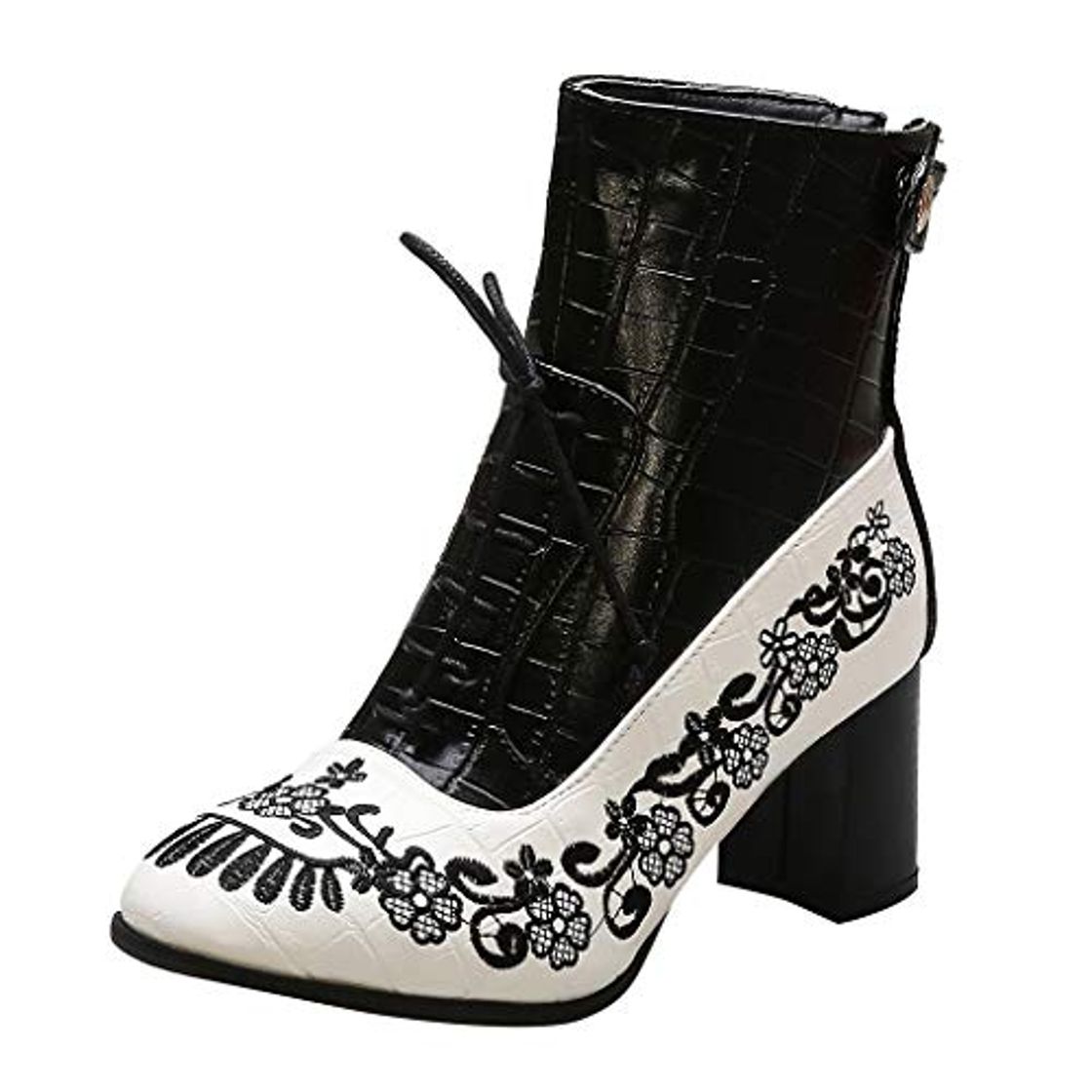 Fashion TOPKEAL Botines con Flores Bordadas Vintege Botas Tacón Gruso con Cordones Cremallera de Mujer Hechas a Mano Negro 41