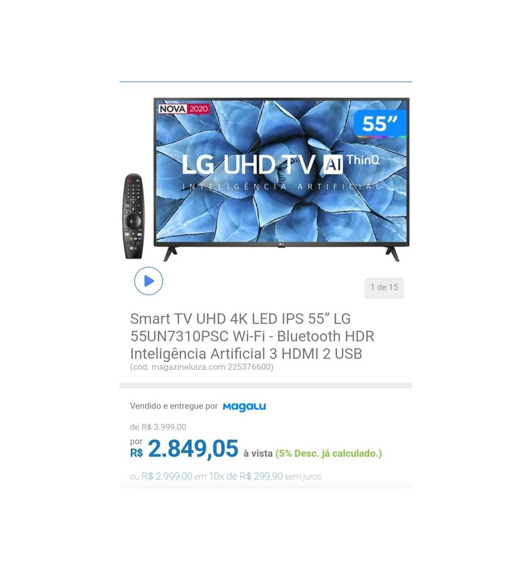 Product Smart TV UHD 4K LED IPS 55” LG 55UN7310PSC Wi