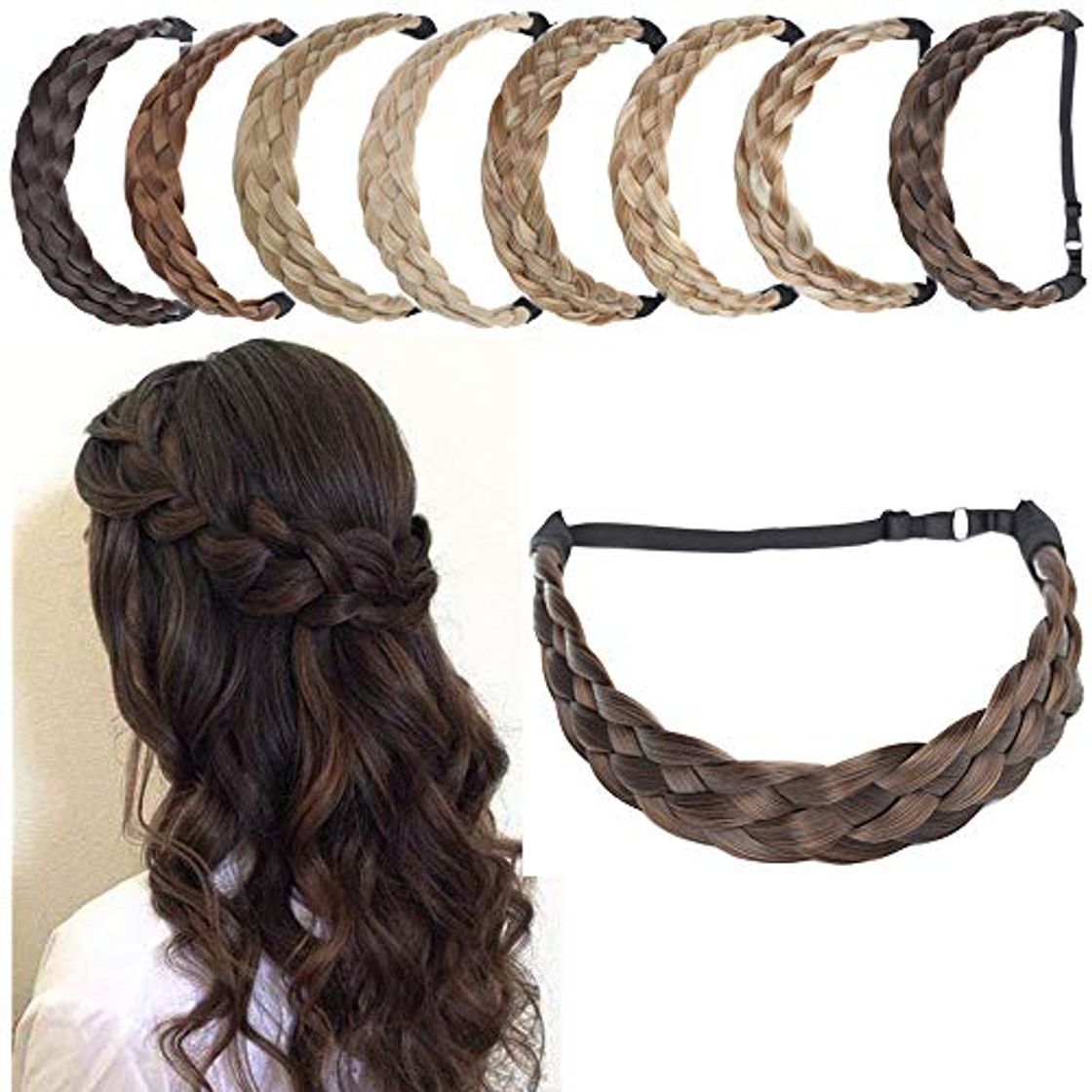 Fashion SEGO Diademas Trenzadas Elásticas Mujer Pelo Sintético Se Ve Natural [Castaño Oscuro]