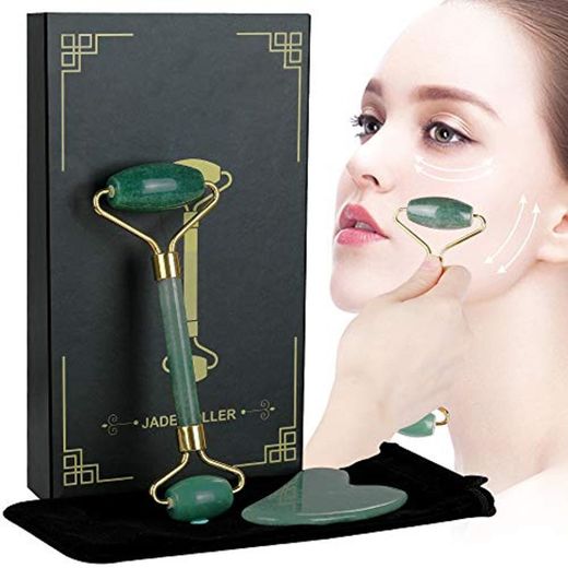 Lictin Rodillo de Jade Facial Masaje- 2 pcs Gua Sha Facial