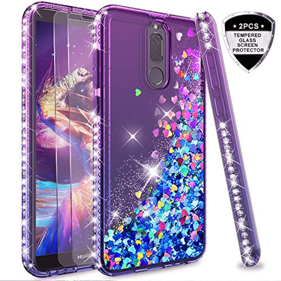 Social LeYi Funda Huawei Mate 10 Lite Silicona Purpurina Carcasa con [2-Unidades Cristal