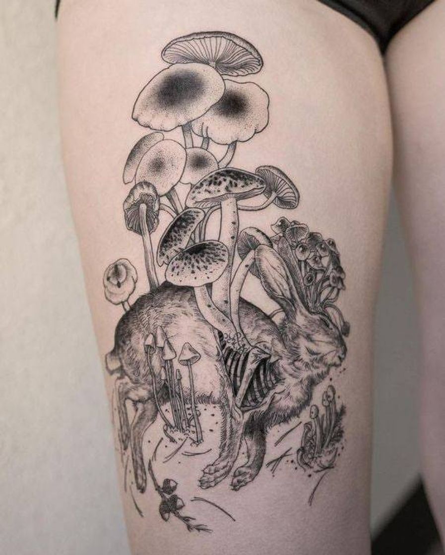 Moda rabbit and mushrooms tattoo