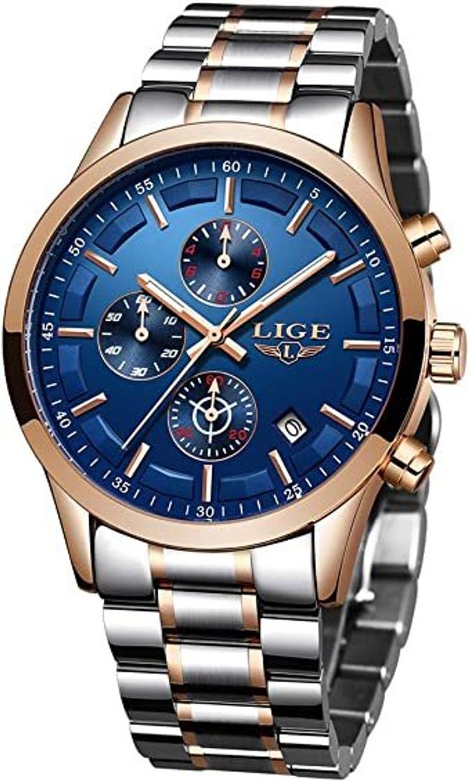 Fashion LIGE Relojes para Hombre Negro Acero Inoxidable Moda Reloj Deportes Impermeable Gran