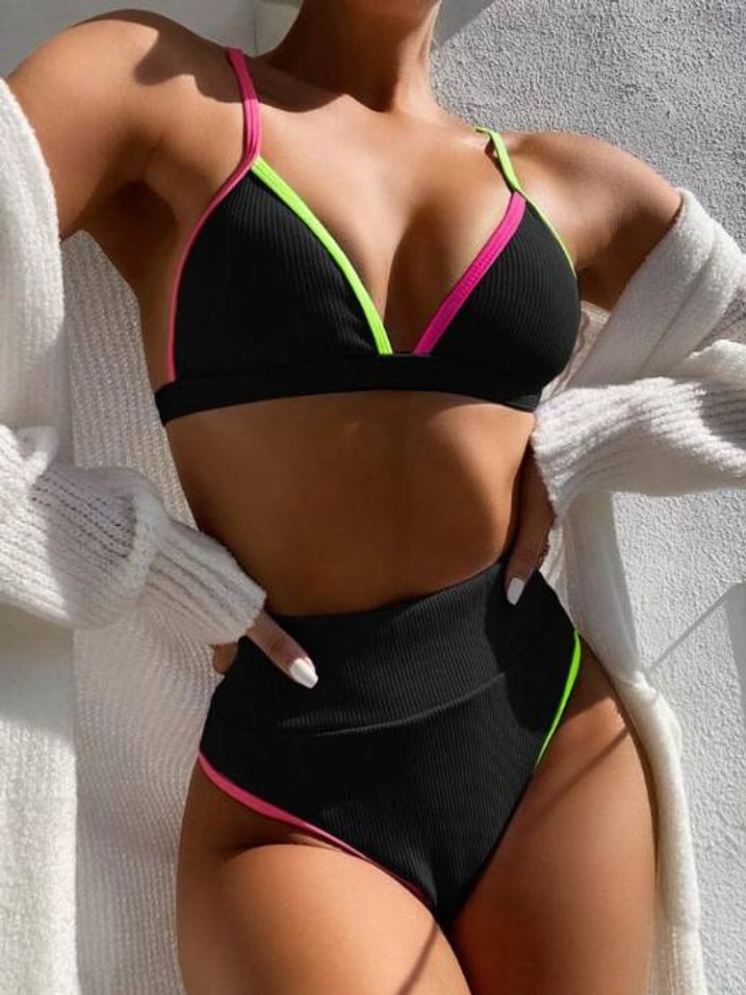 Fashion Preto Cintura contrastada sexy Conjunto de biquíni | SHEIN Brasil