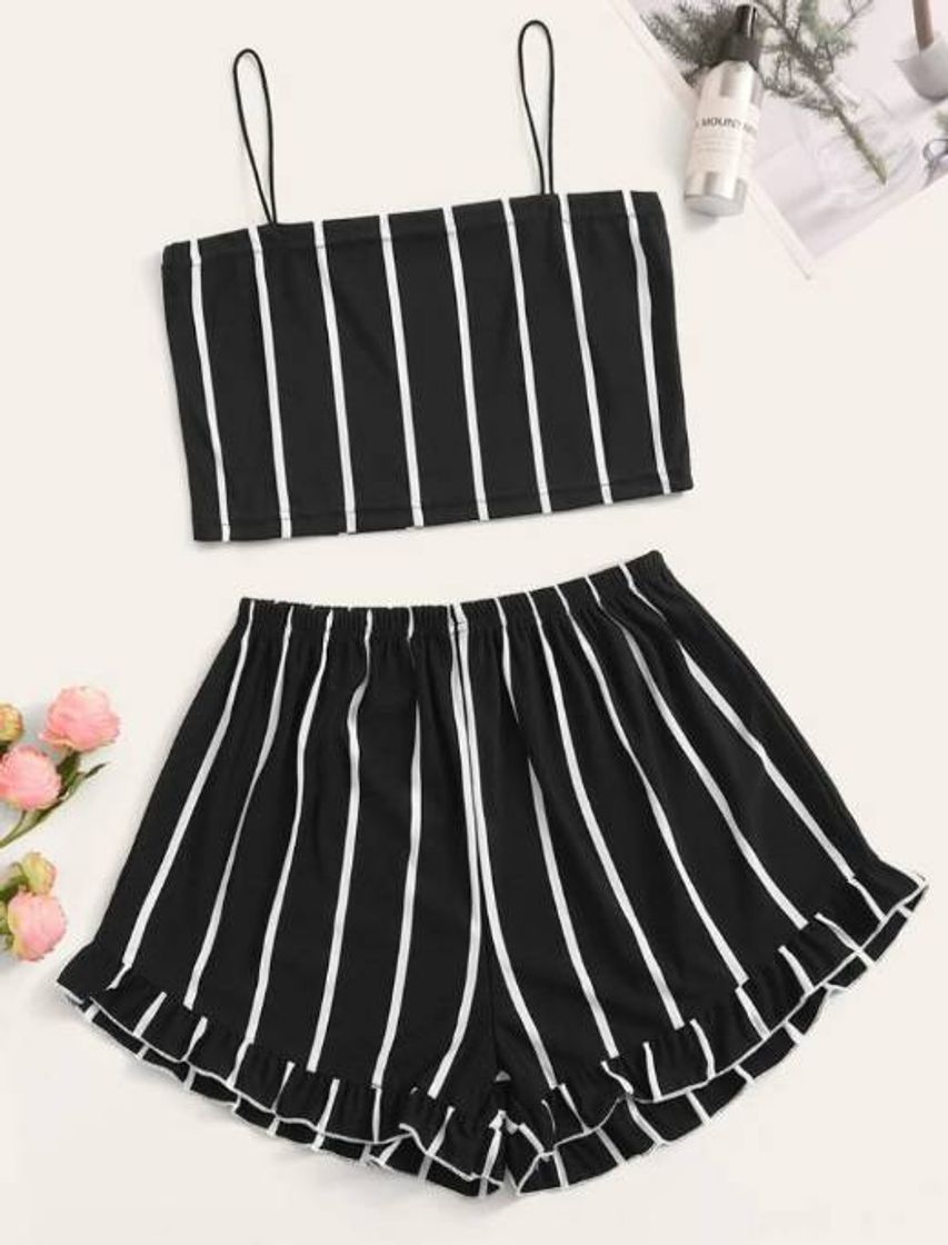 Fashion https://m.shein.com/br/Striped-Ruffle-Hem-Cami-PJ-Set-p-7730