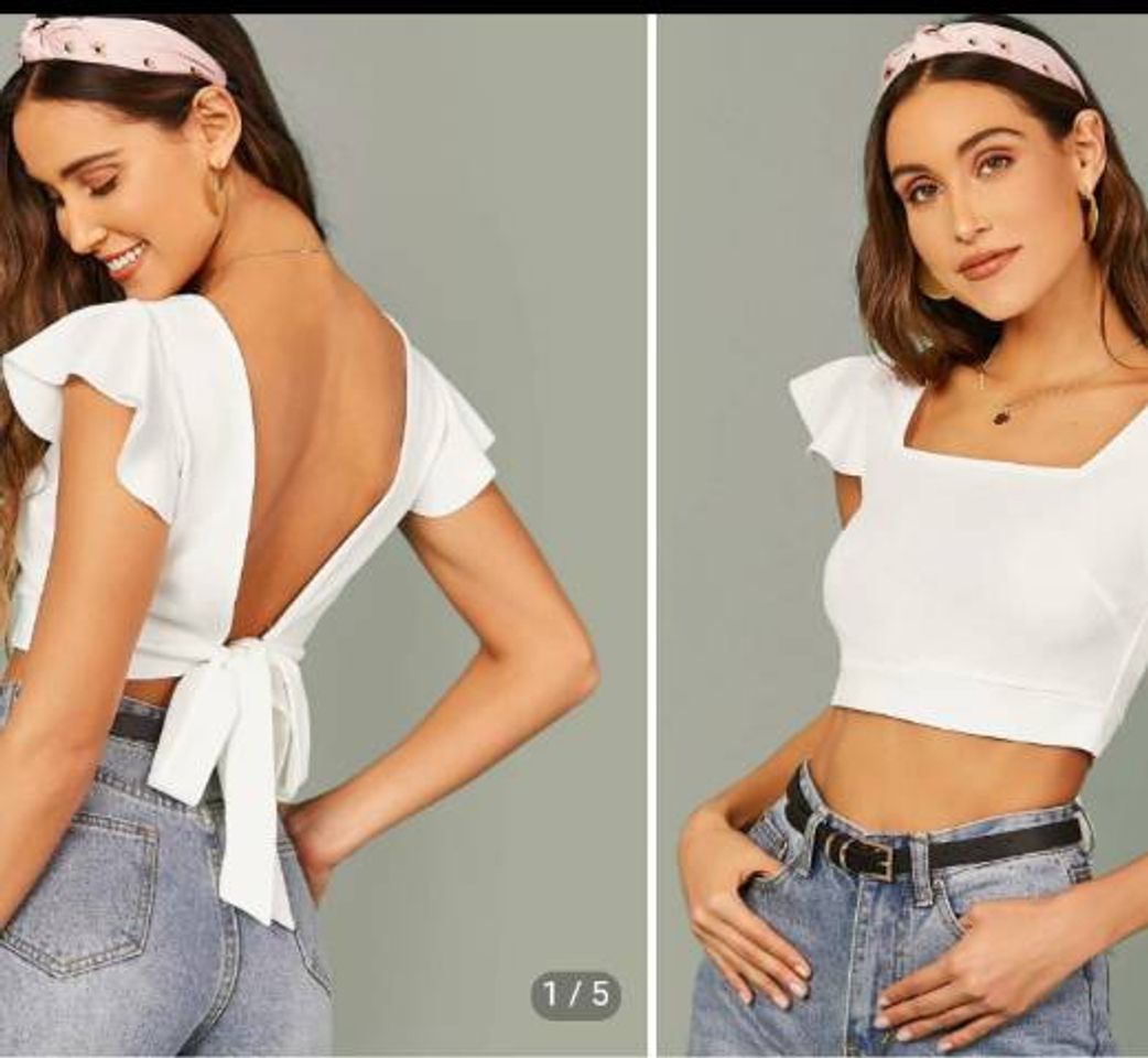 Fashion https://m.shein.com/br/Square-Neck-Tie-Back-Ruffle-Trim-Crop