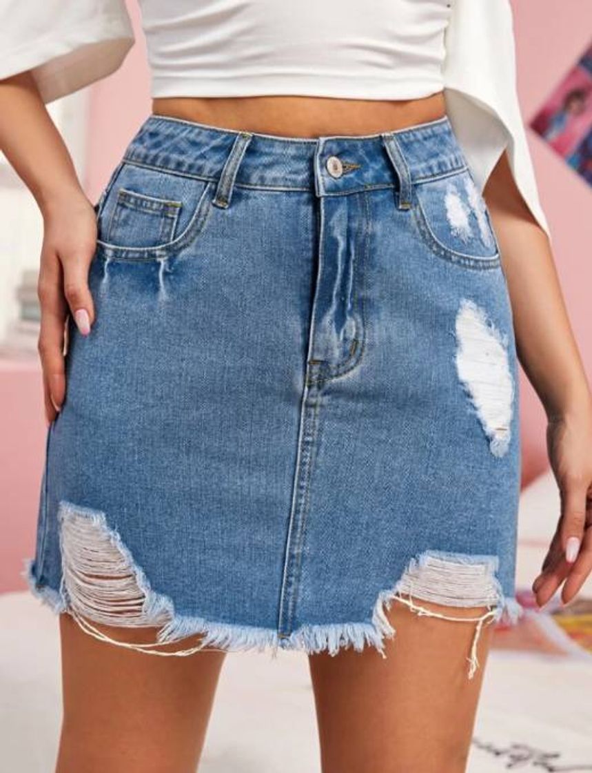 Fashion https://m.shein.com/br/Raw-Hem-Ripped-Denim-Skirt-p-1226589-