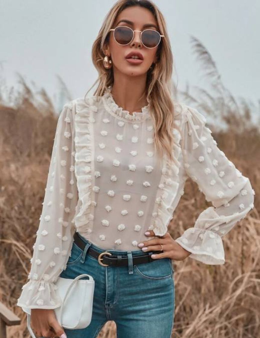 Fashion https://m.shein.com/br/Swiss-Dot-Ruffle-Sheer-Chiffon-Blouse