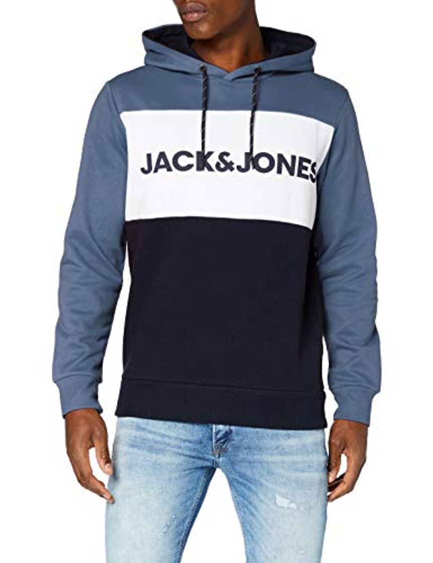 Moda JACK & JONES JJELOGO Blocking Sweat Hood STS Sudadera con capucha, Azul