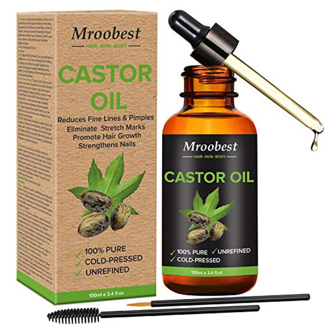 Beauty Castor Oil,Cold Pressed Castor Oil,100% Pure Castor Oil for Eyelashes, Eyebrows, Hair