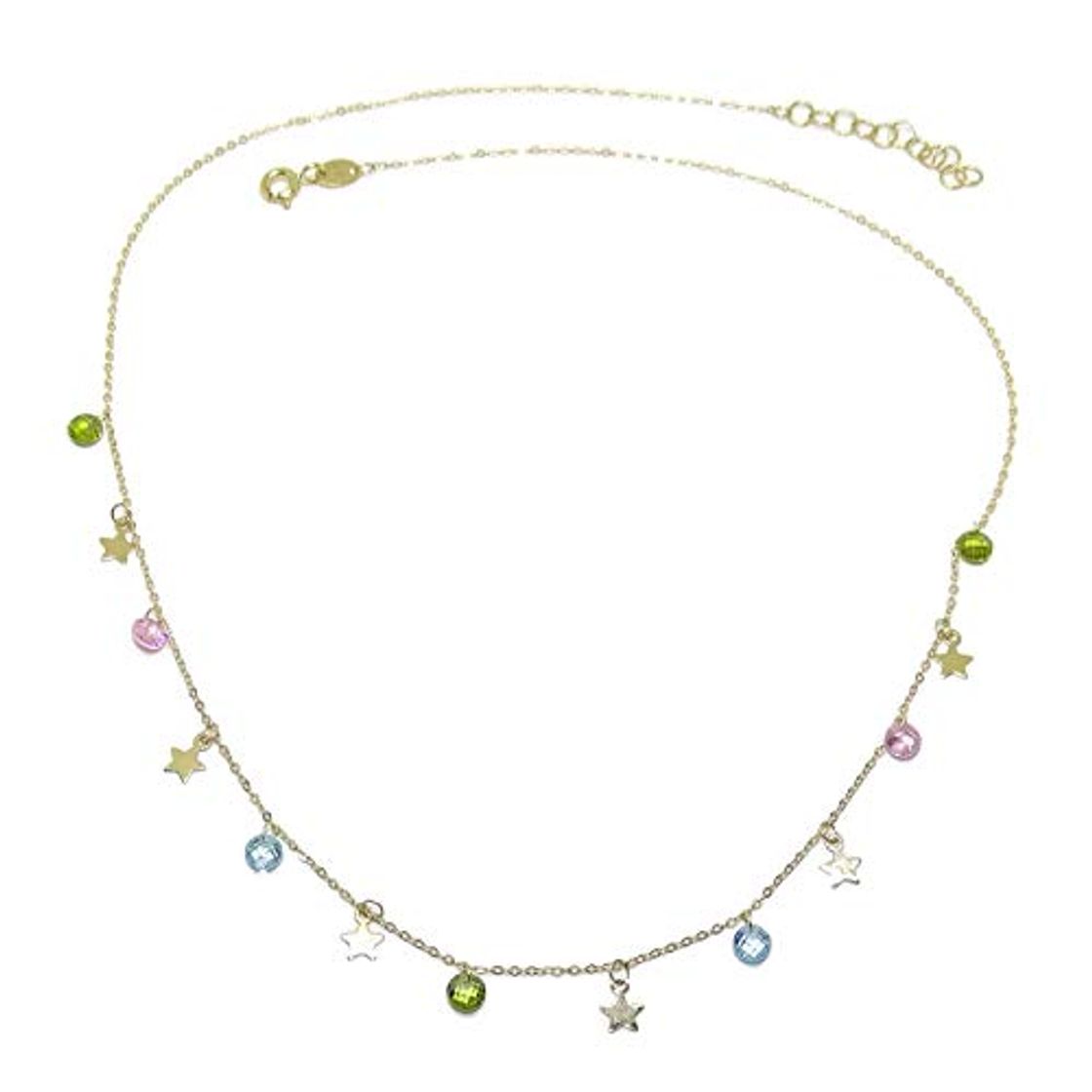 Social Never Say Never Collar de Oro Amarillo de 18k con 6 Estrellas de Oro de 5mm y 7 circonitas de Color de 5mm con Cadena Mini Forzada de 45cm