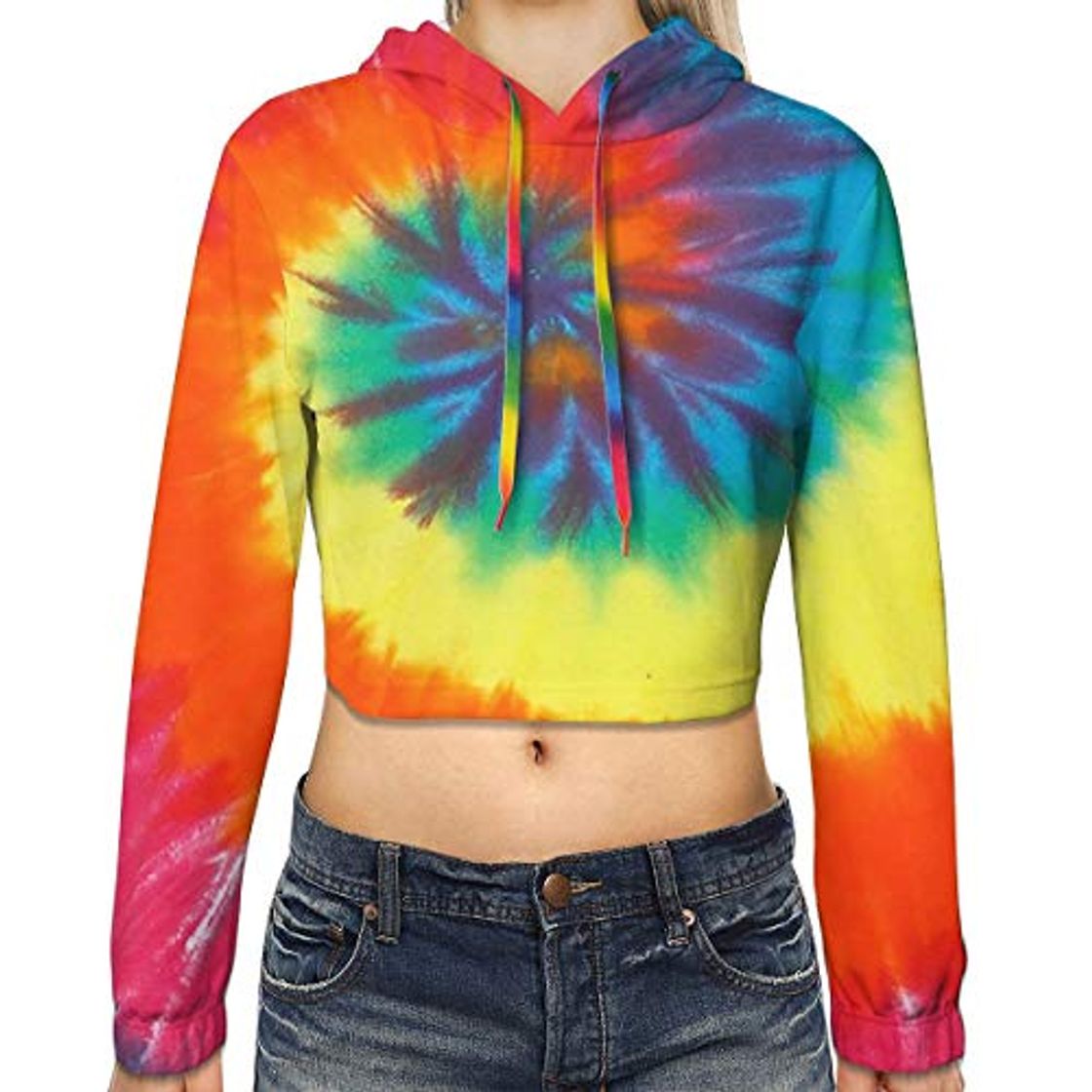 Fashion 3D Printed Rainbow Spiral Tie Dye Women's Plus Velvet Cropped Hoodie