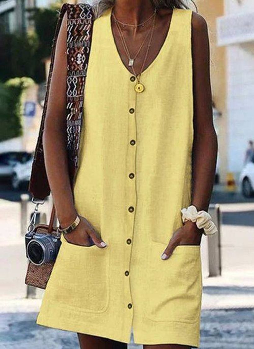 Moda Vestido Casual Amarelo