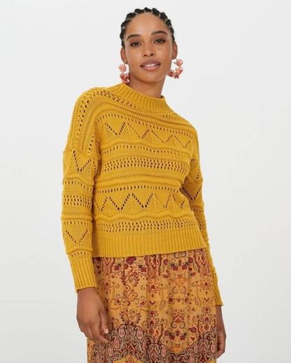 Blusão liso em tricot amarelo mostarda