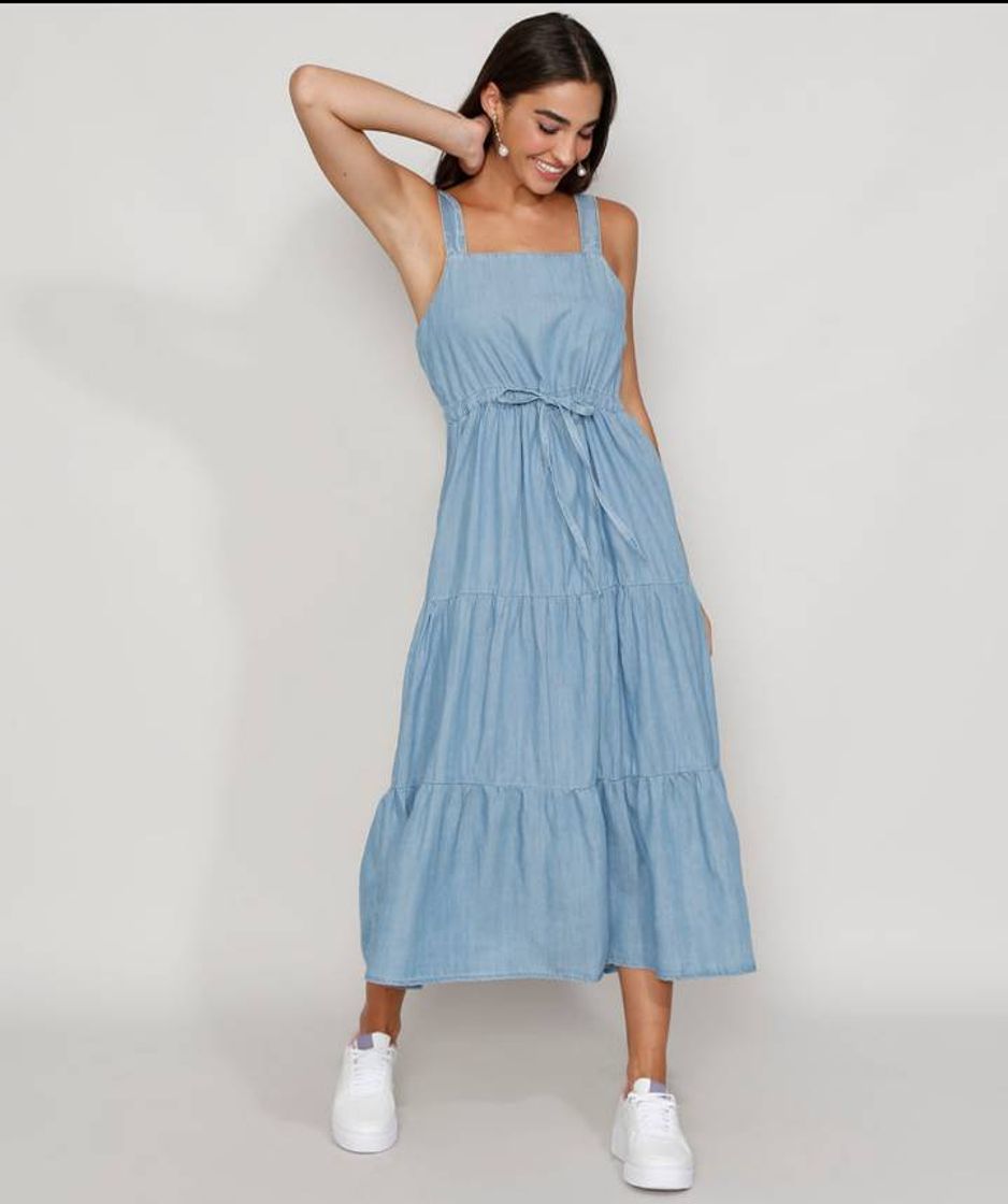 Moda Vestido jeans feminino Midi com recortes é amarração alça