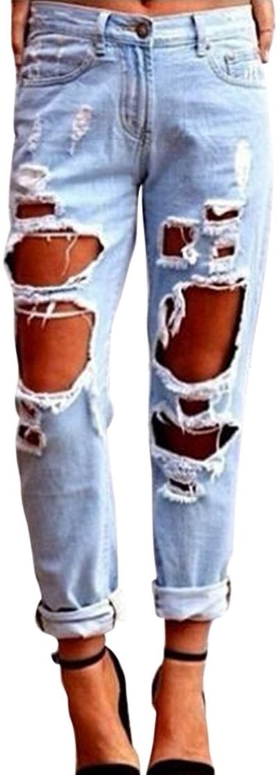 Fashion Zonsaoja Mujer Vaqueros Agujero Rotos Casual Suelto Denim Pantalones Jeans Lightblue S