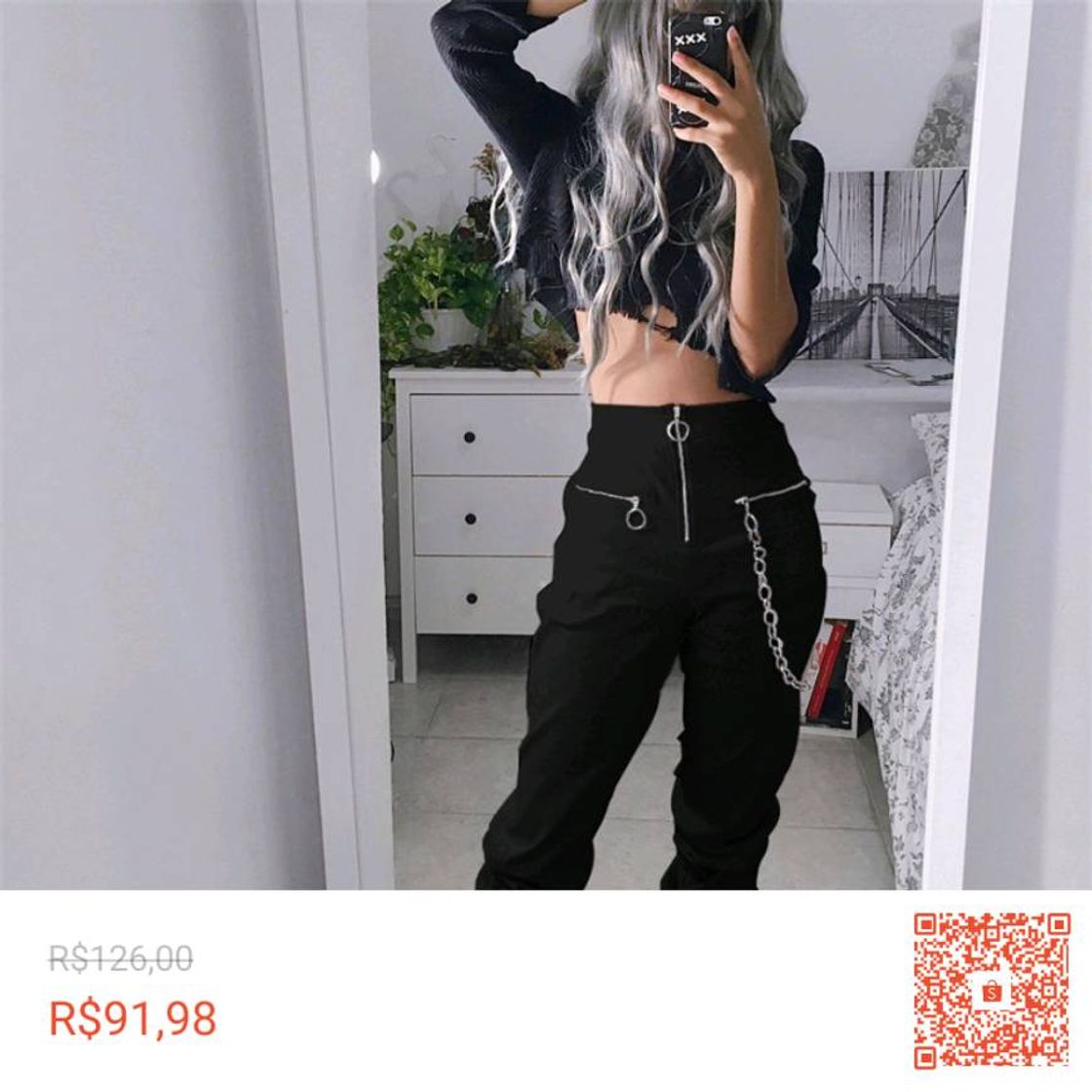 Fashion Calça Legging Gótica com Zíper e Corrente Feminina