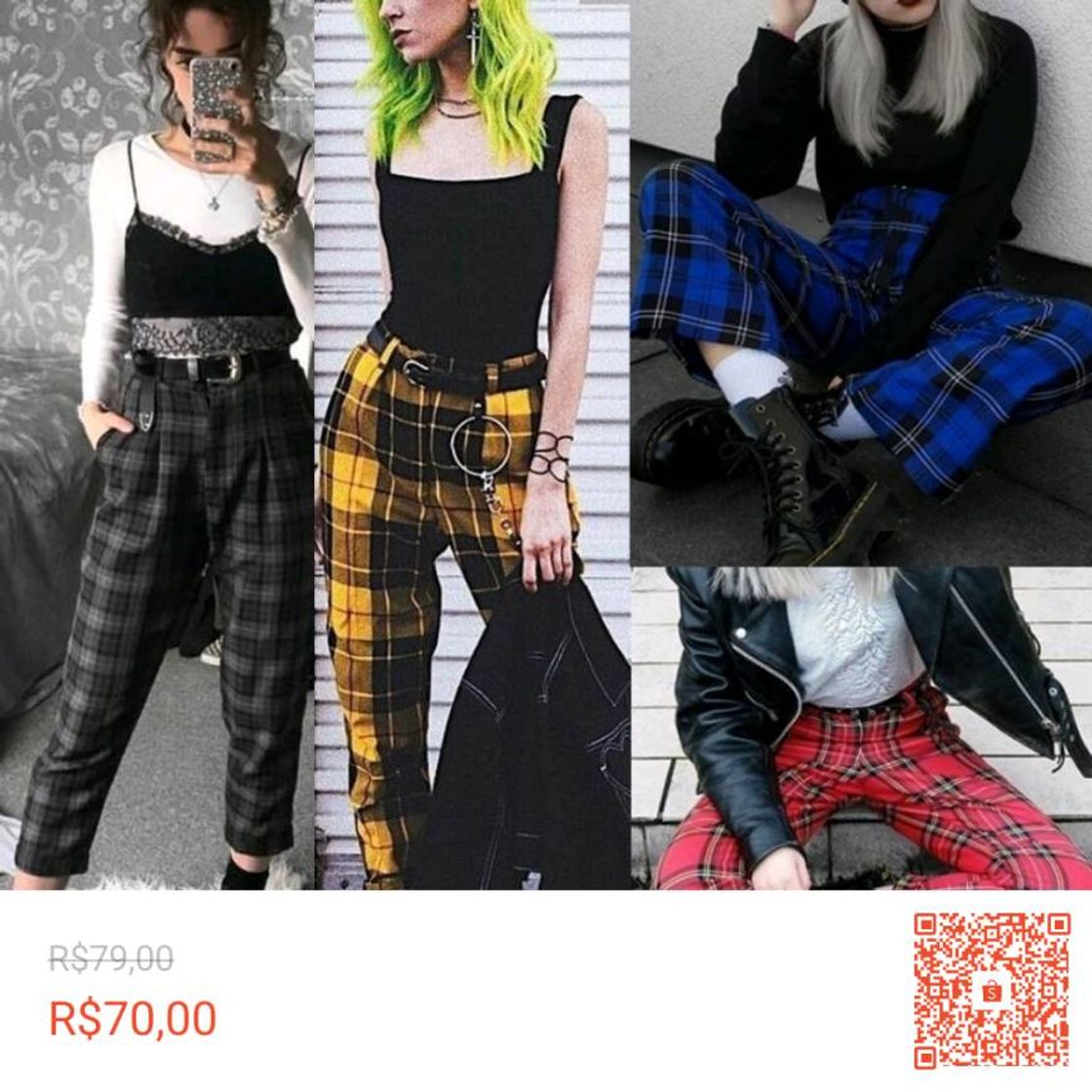 Fashion Calça Folgada com Cintura Alta de Estampa Xadrez Feminina Ca