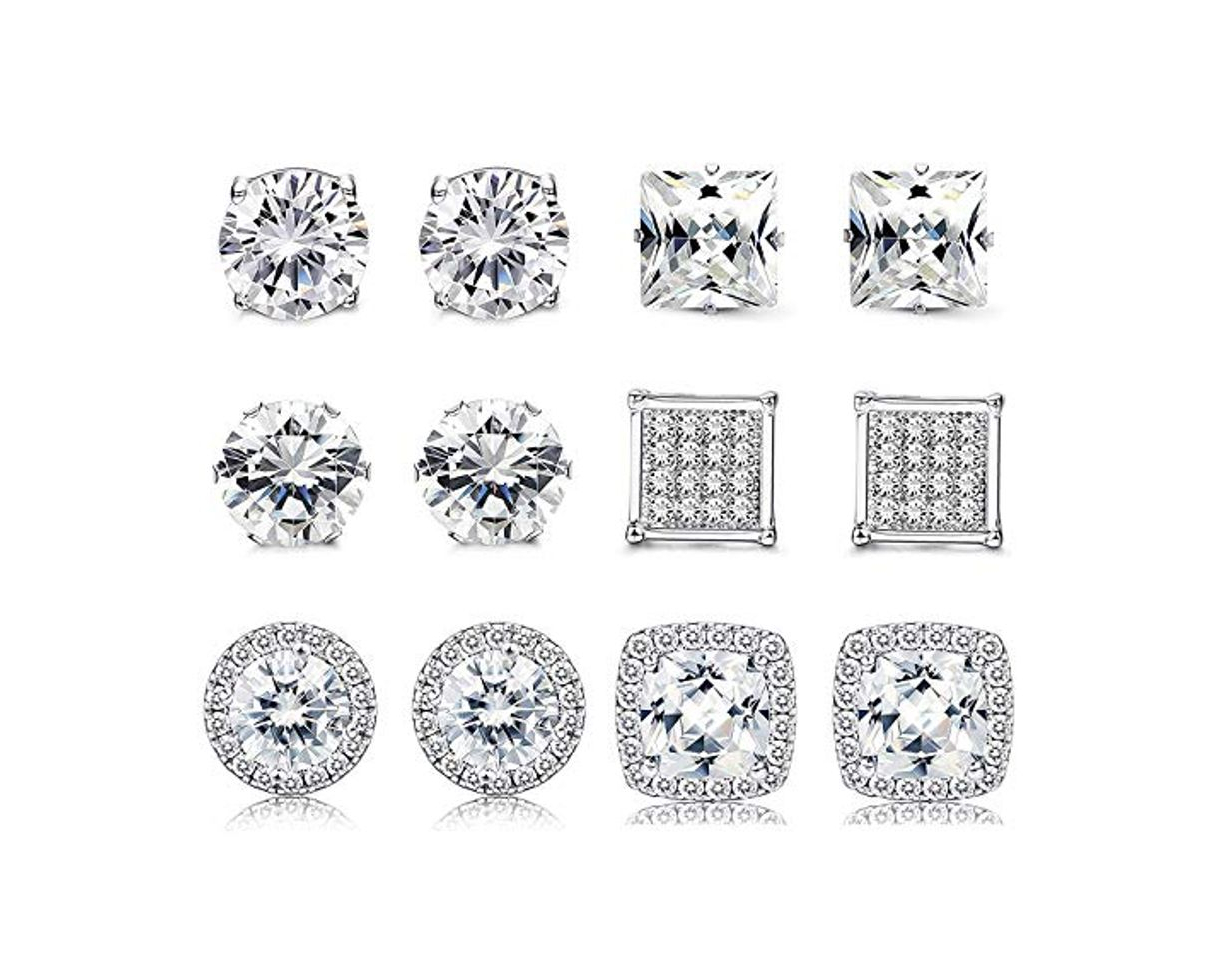 Social Finrezio 6 Pares Acero Inoxidable Circonia Cúbica Arete Para Mujeres Hombres CZ Conjunto de Pendientes Halo Redondo Plaza