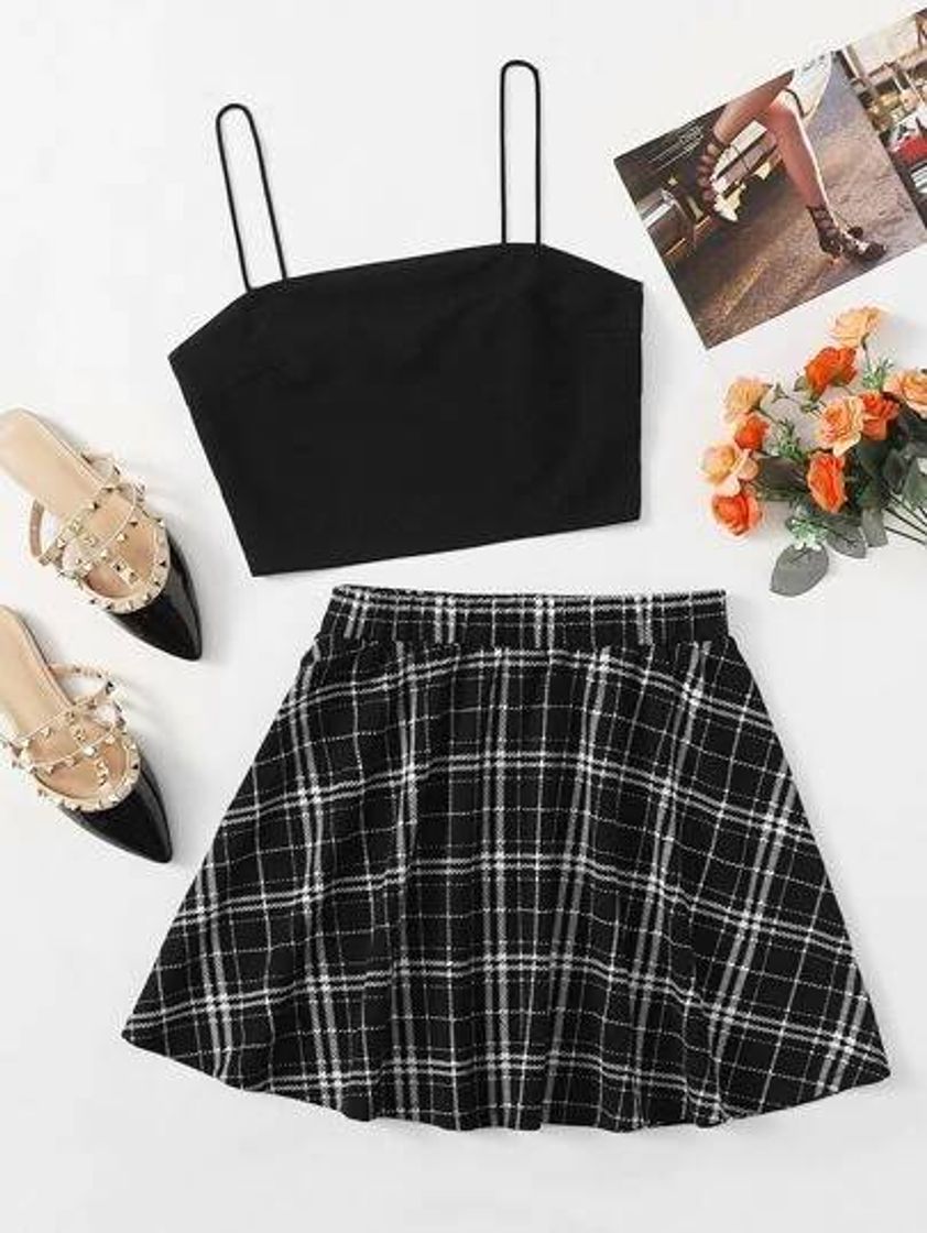 Fashion Solid Crop Cami Top & Tartan Skirt Set