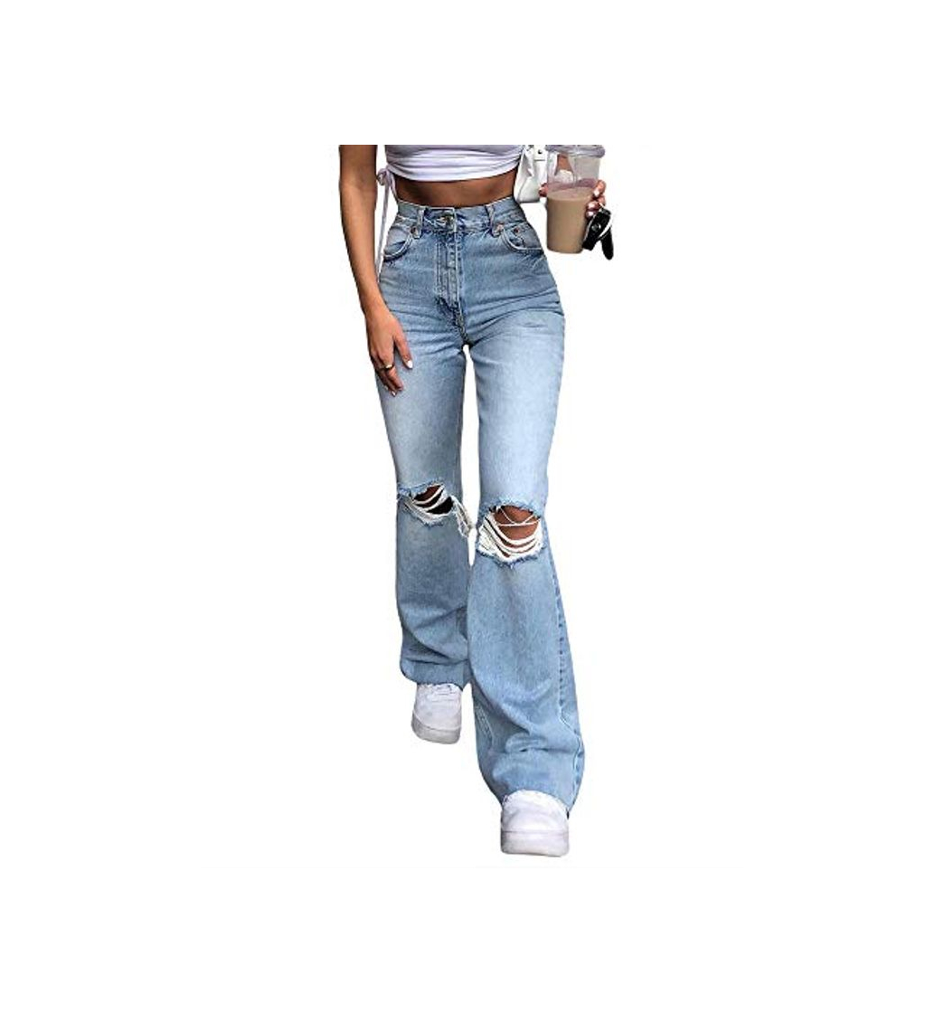 Fashion Mujeres Ripped Hole Jeans Baggy Flare Pantalones Y2K Pantalones de mezclilla de