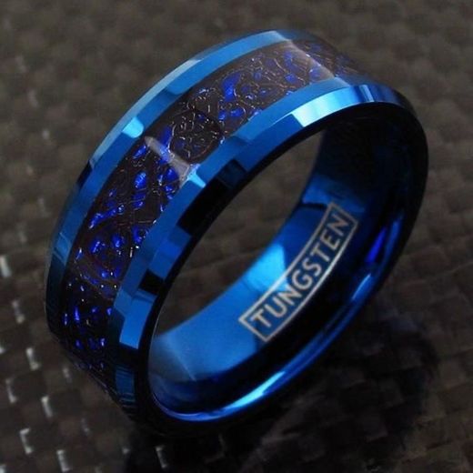 Blue Men's Tungsten Ring Band Black Celtic Dragon 