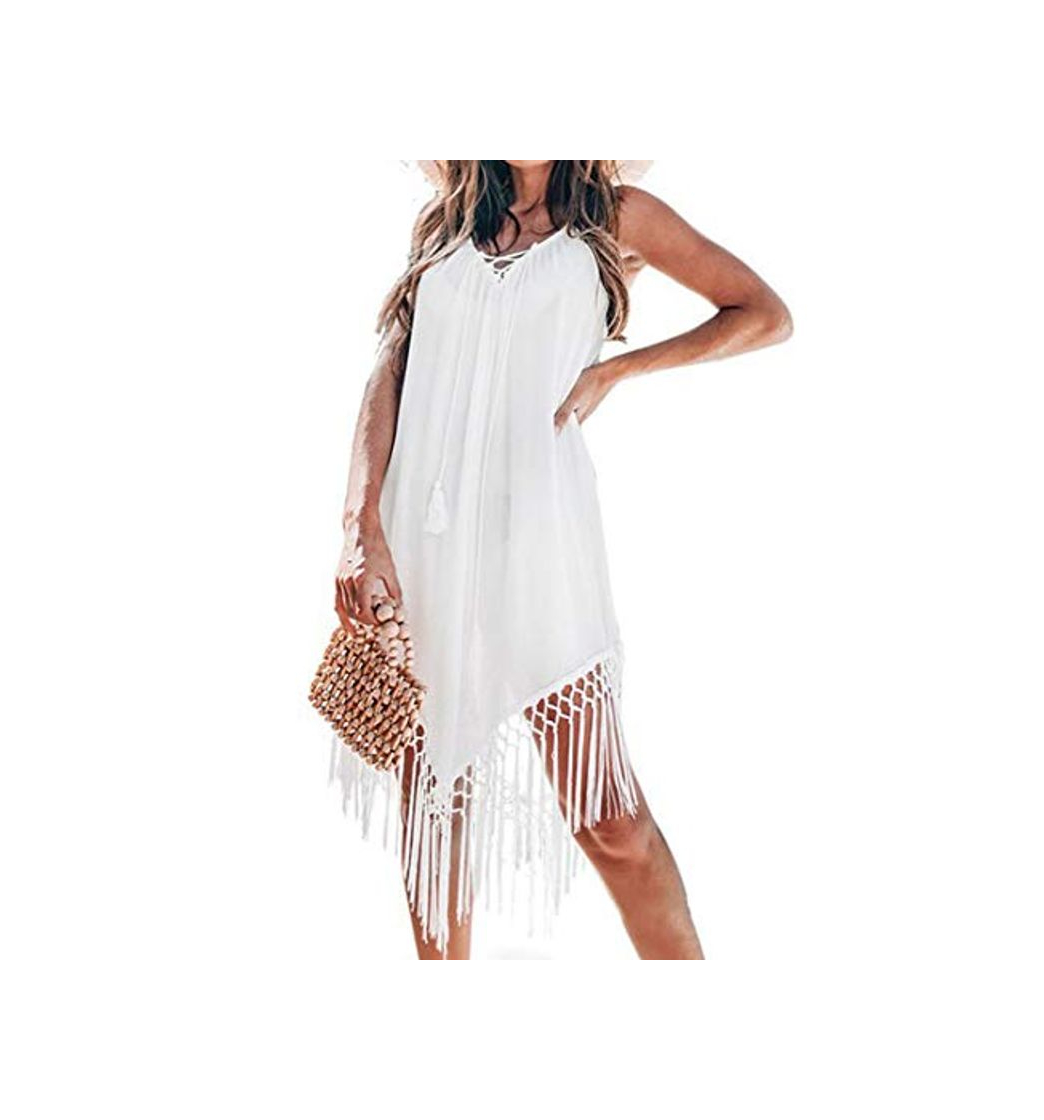 Fashion Vestido de Verano de Crochet y Espalda Abierta Pareos y Camisola con Borla Cubrir Traje de Baño de Playa para Mujer